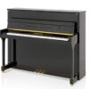Piano droit noir avec touches blanches et noires.